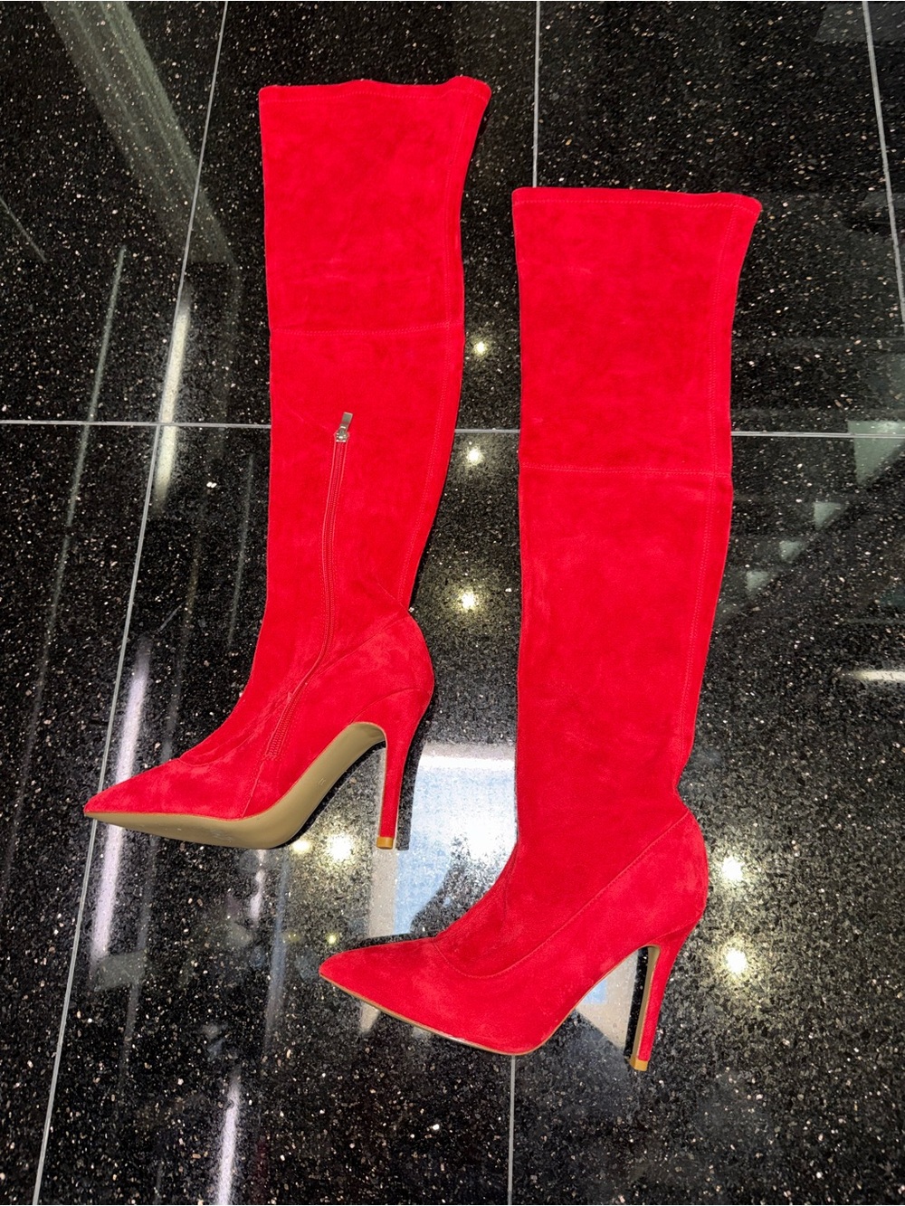 Red Suede Over-the-Knee Stiletto Boots